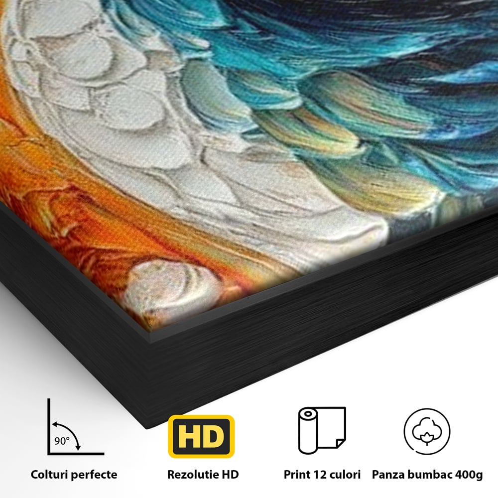 Detaliu al suprafetei: tablou canvas cu paun pictat, in rama de aluminiu negru